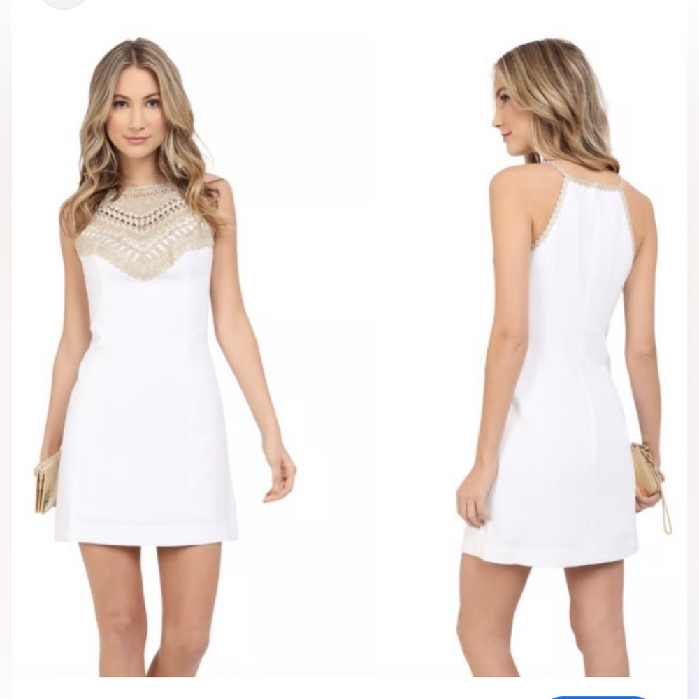 Lilly Pulitzer Pearl Resort Shift Dress White & Gold Crochet Size 0